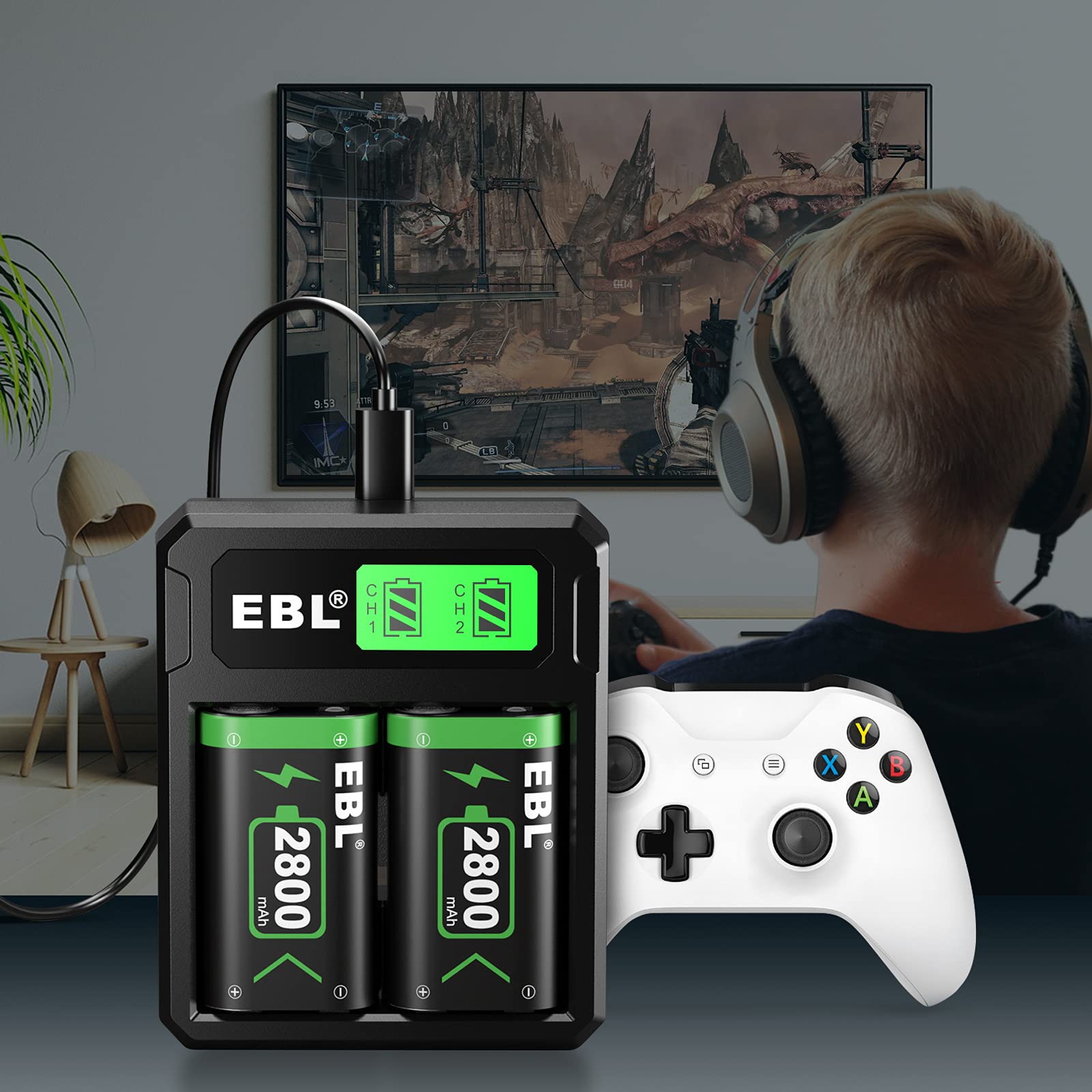 EBL 2800mAh Set Batteria Pile Caricabatterie Adatta per Xbox One, Xbox One S, Xbox One X, Xbox One Elite Controller
