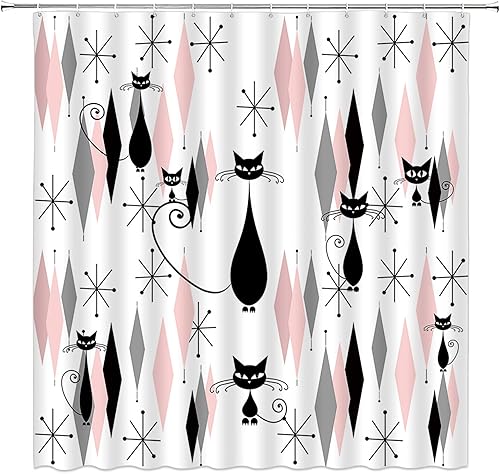 Cortina de ducha de gato negro de mediados de siglo, gato atómico, moderno, abstracto, geométrico, icónico, patrón vintage de los años 50, tapices