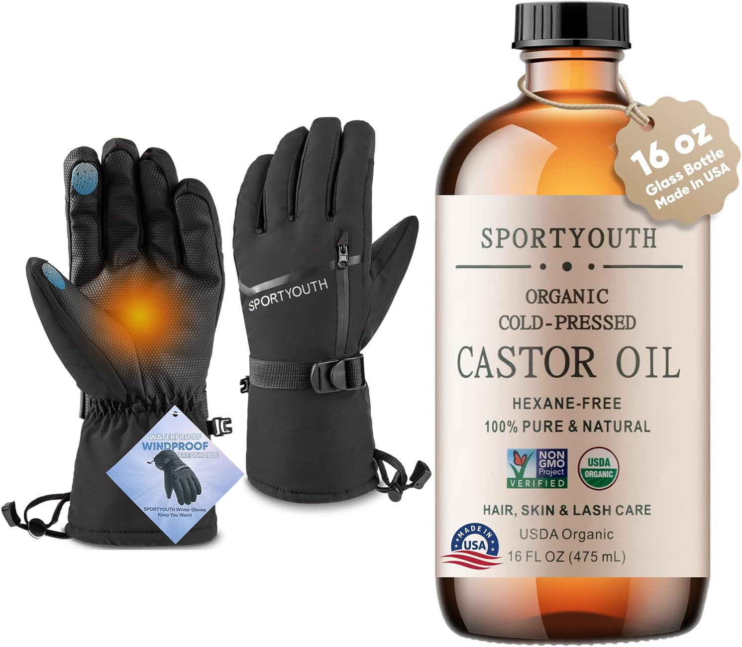 SPORTYOUTH Winter Ski Gloves Men Women -10℉ Waterproof Windproof Warm Snow Glove and 16oz USDA Certified Organic Castor Oil in Glass Bottle Cold Pressed 100% Pure Hexane Free Unrefined