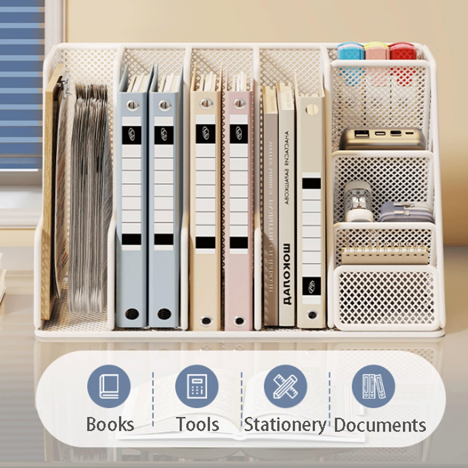 Organizer Scrivania, Portapenne a Rete in Metallo, Portariviste Organizzatore da Tavolo, Porta Penne per Ufficio a Casa(Gold,42x19x25.5cm)