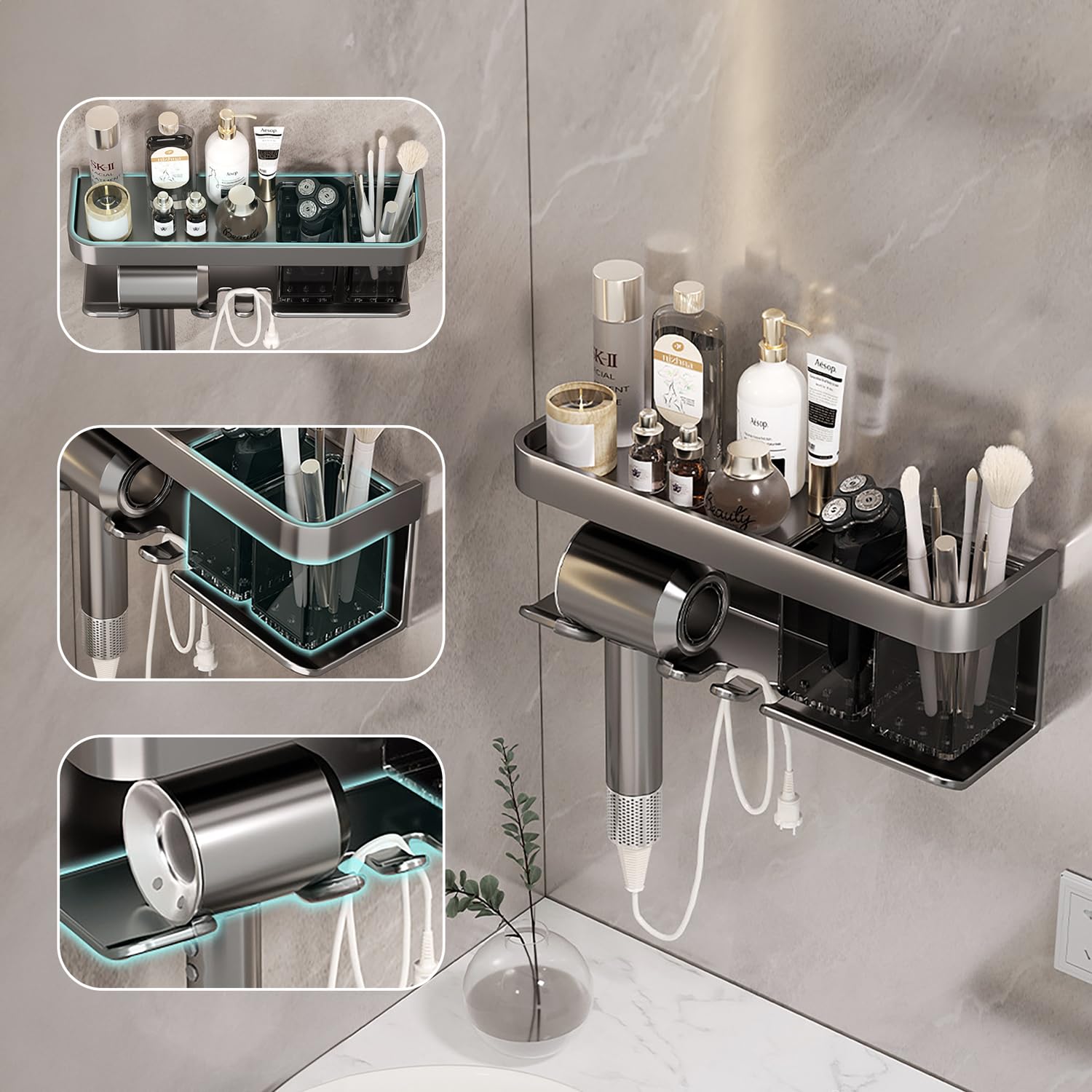 Haartrockner-Halter, Föhn-Organizer, Haartrockner-Halter, Wandmontage, mit Ablage für Badezimmer, Salon, Schlafzimmer, Organizer und Aufbewahrung (mattgrau)