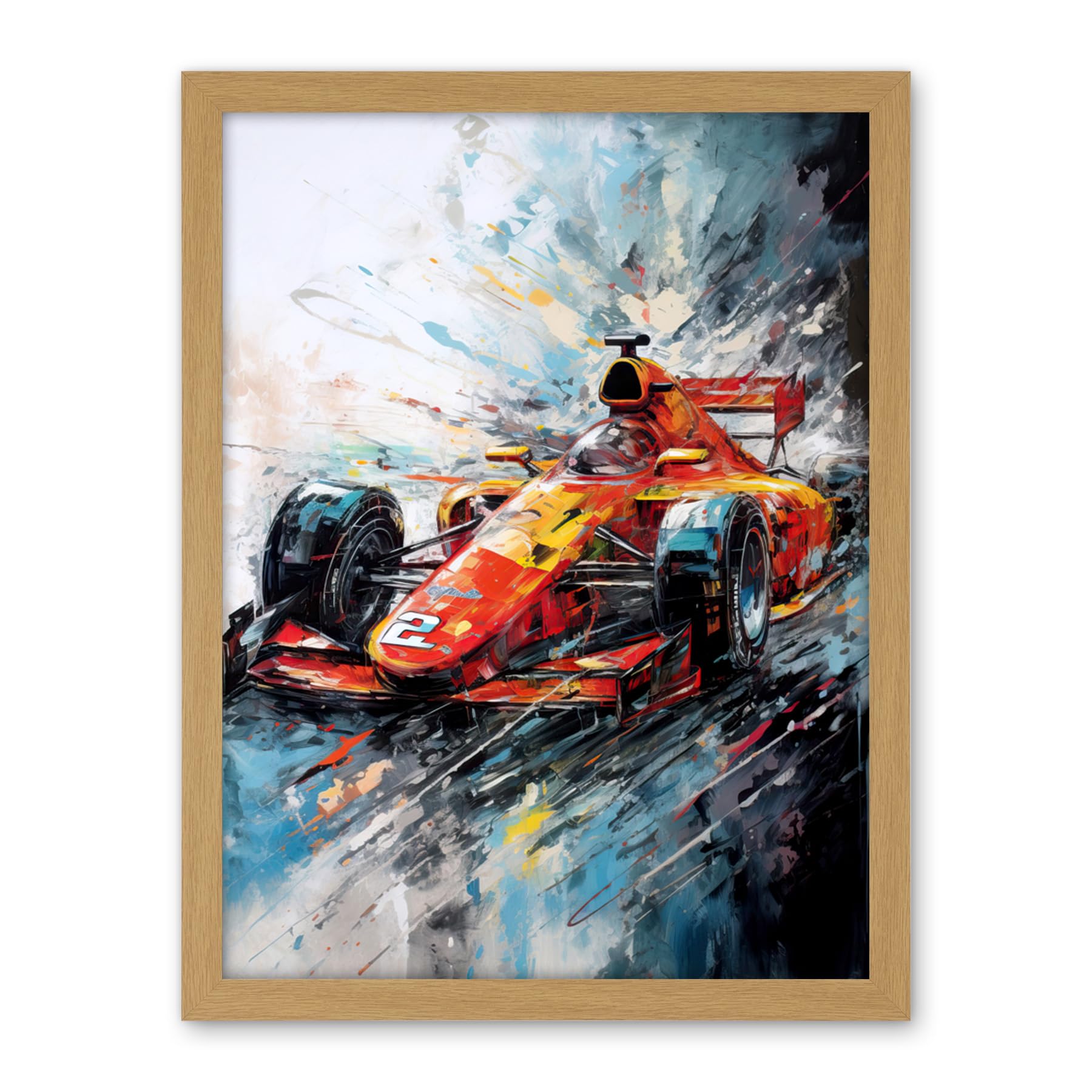 Artery8 Orange Race Car Grand Prix Action Shot Painting Artwork Framed Wall Art Print 18X24 Inch