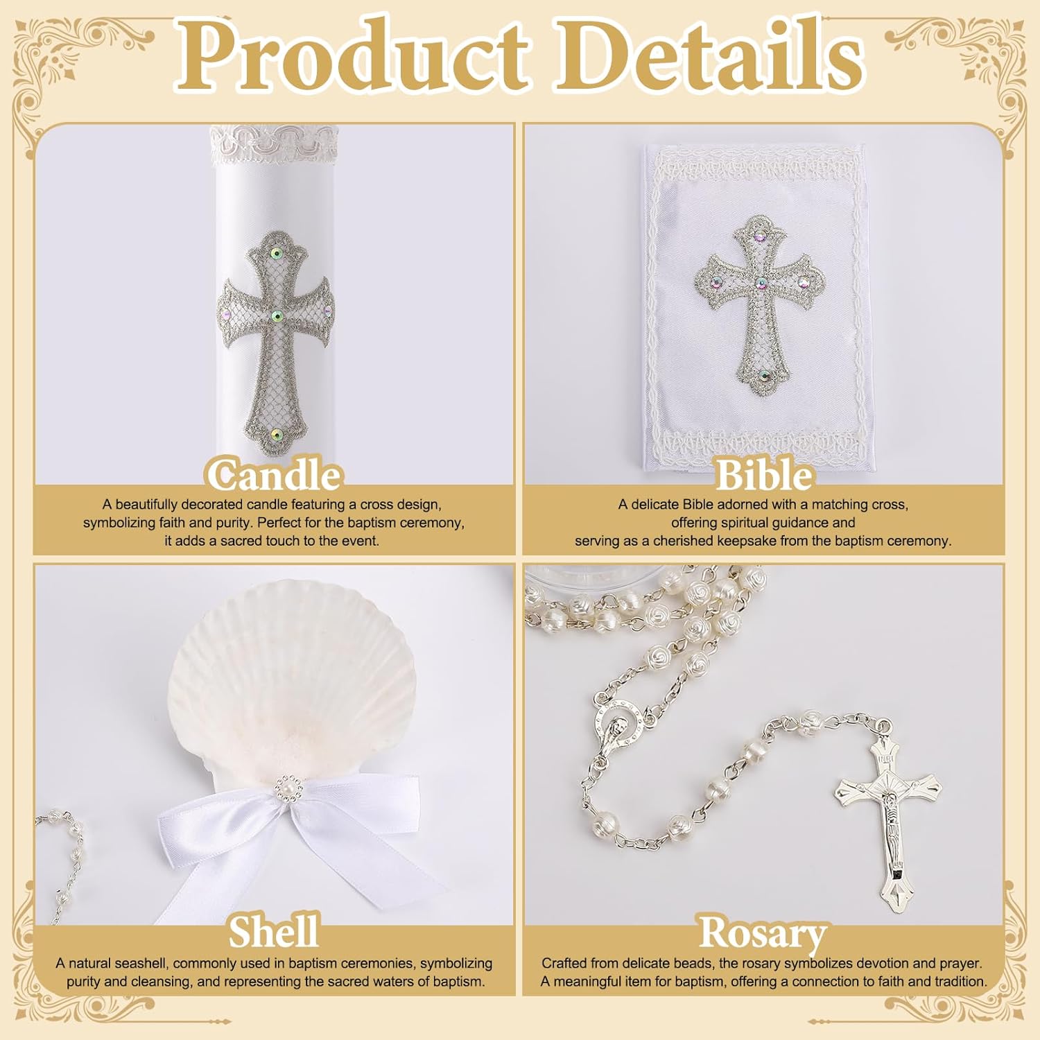 5 PCS Baptism Candle Set for Boys and Girls,White Baptism Kit Candle,Towel,Shell,Rosary andBible for Baptismal Christening First Communion Gift,Velas para Bautizo De Niño o Niña
