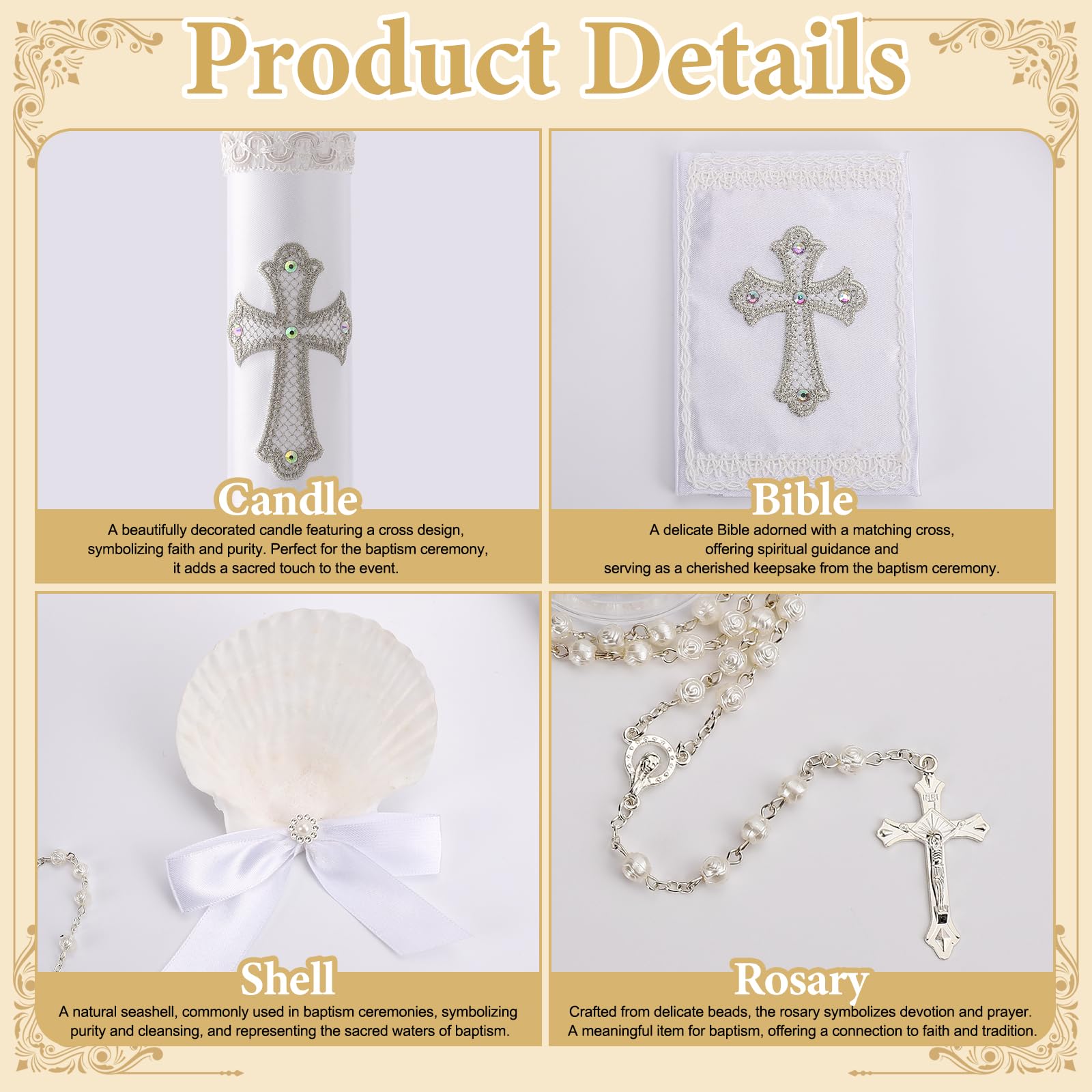 Juego de 5 velas de bautizo para niños y niñas, kit de bautizo blanco, vela, toalla, concha, rosario, Biblia para bautizo, regalo de primera comunión, velas para bautizo de niño o niña