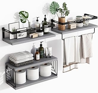 Fixwal 3+1 Tier Wall Mounted Bathroom Shelves Over Toilet, Rustic Wood Floating Shelves with Metal Frame and Towel Bar for Bathroom, Kitchen, Bedroom, Living Room (Gray)