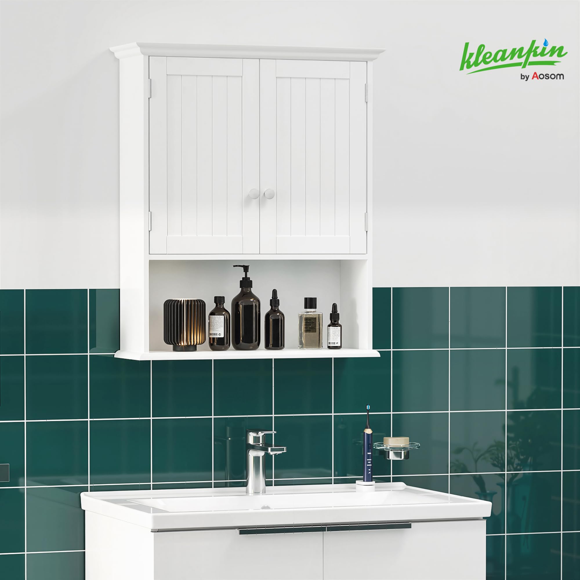 kleankin Mobile Bagno Sospeso con Armadietto a 2 Ante con Chiusura Magnetica e Ripiano Aperto, Pensile Bagno Sospeso con Ripiano Regolabile, per Cucina, Ingresso e Soggiorno, 60x20x70.5 cm, Bianco
