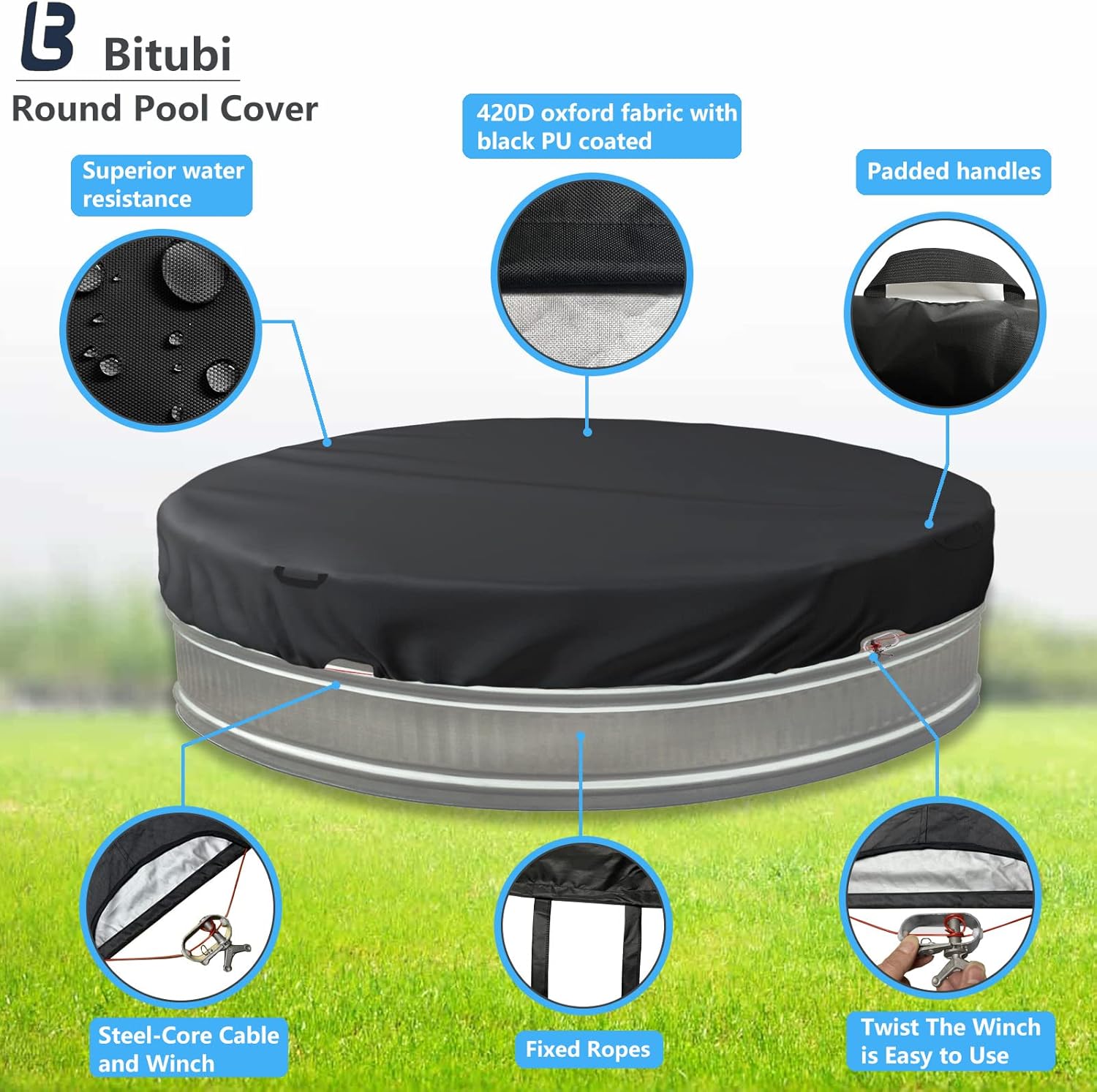 Bitubi 7-8 Ft Steel Round Stock Tank Pool Cover,Upgraded with Wire Rope & Winch Fixed Increase Stability(Black)