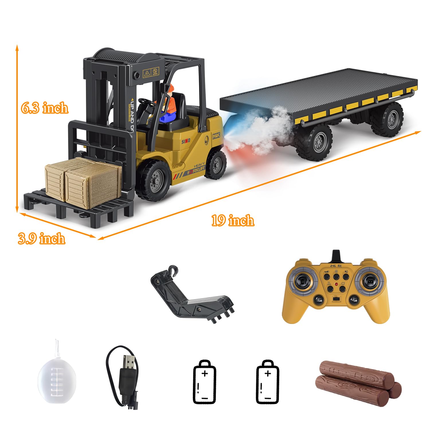 Mostop Carrello elevatore RC con piastra di supporto giocattolo da costruzione,1/24 Carrello elevatore telecomandato con scatole/suono e spray luminoso,Due batterie ricaricabili e