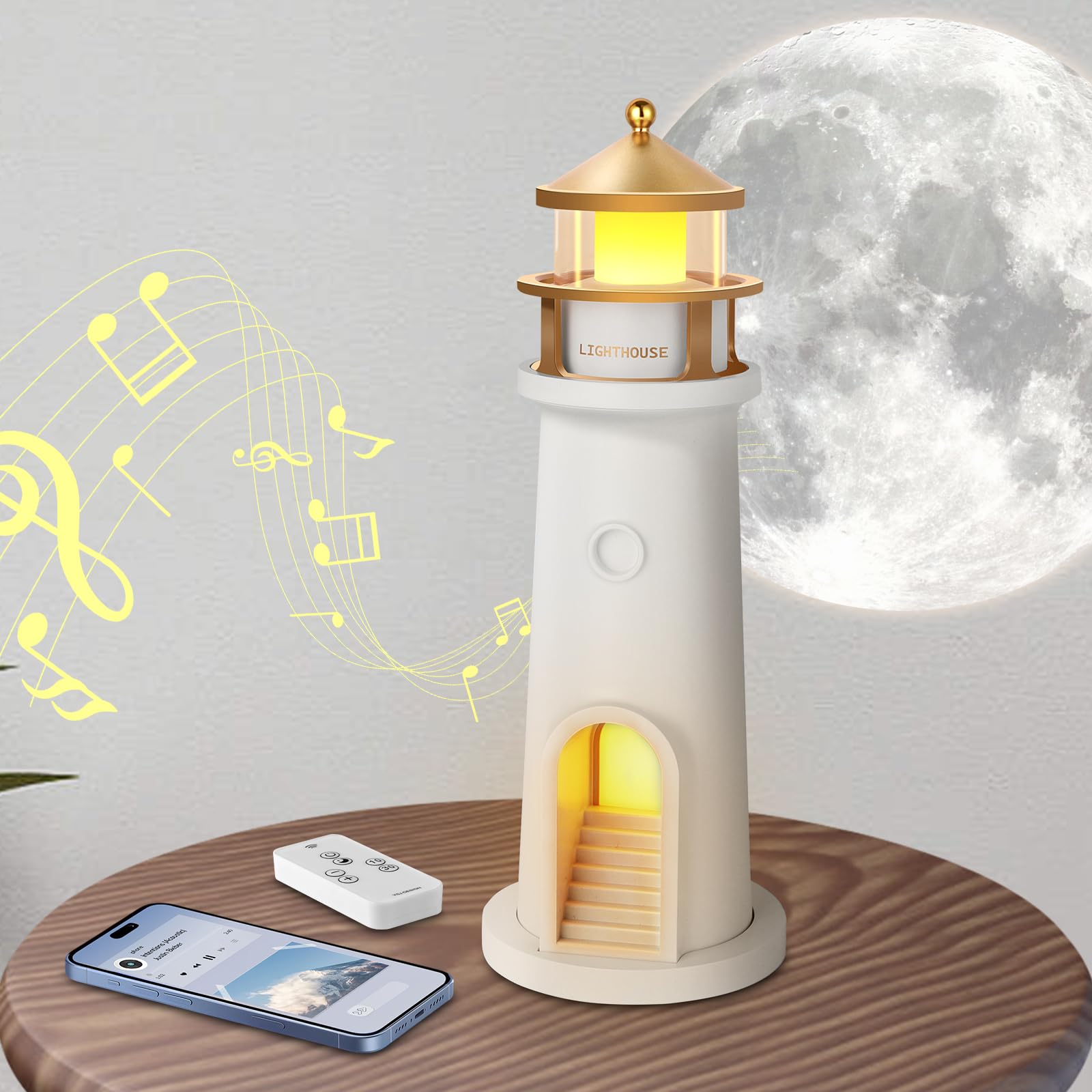 Lámpara de faro, faro LED recargable, lámpara de faro de proyección de luna con control remoto y función Bluetooth, para cumpleaños, día de Acción de Gracias, día de San Valentín