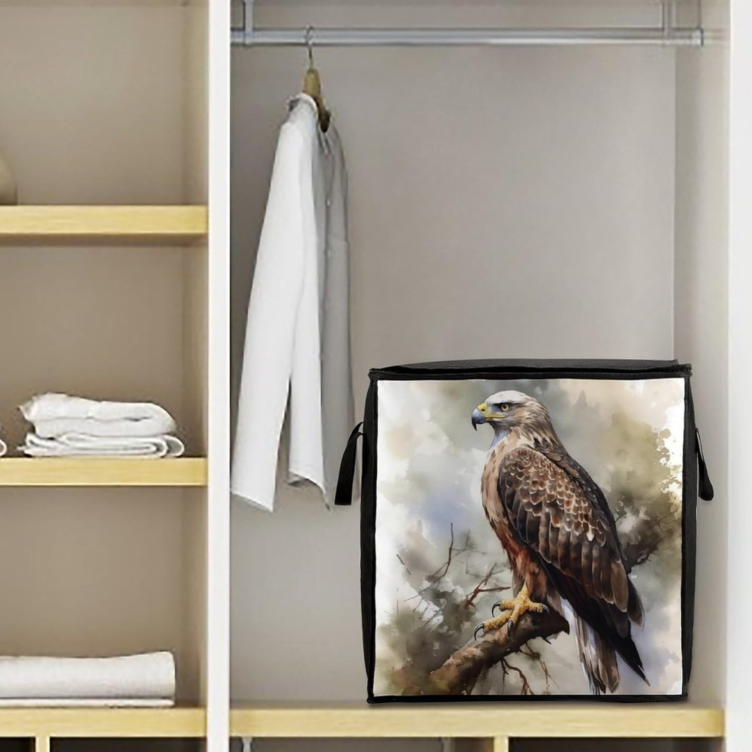 Quilt Storage Bag,Watercolor Of Hawk Sitting In The Tree Printed Large Foldable Storage Container Portable Travel Storage Bag for Blankets, Quilts, Clothes, Comforter, Bedding And Pillows