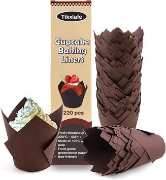 220pcs Tulip Cupcake Liners for Baking Cups,Greaseproof Cupcake Wrappers in Standard Size,Parchment paper Tulip Muffin Liners,Brown