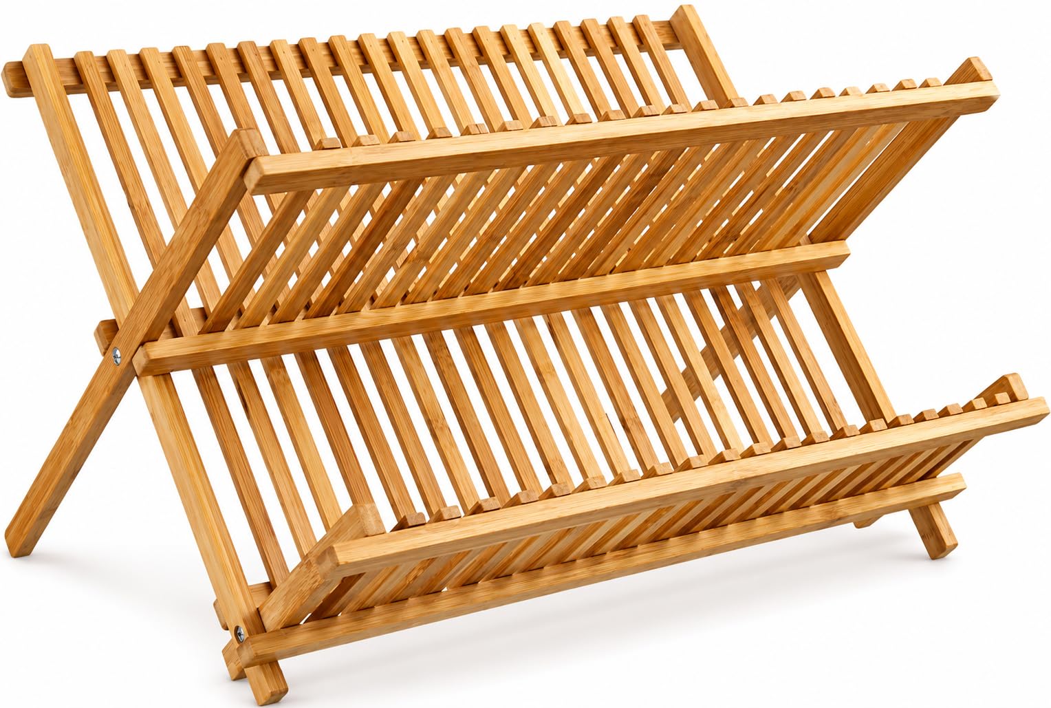 VITA PERFETTA 2 Tier Bamboo Foldable Dish Drainer - Eco Friendly Space Saving Plates and Cutlery Holder for Kitchen