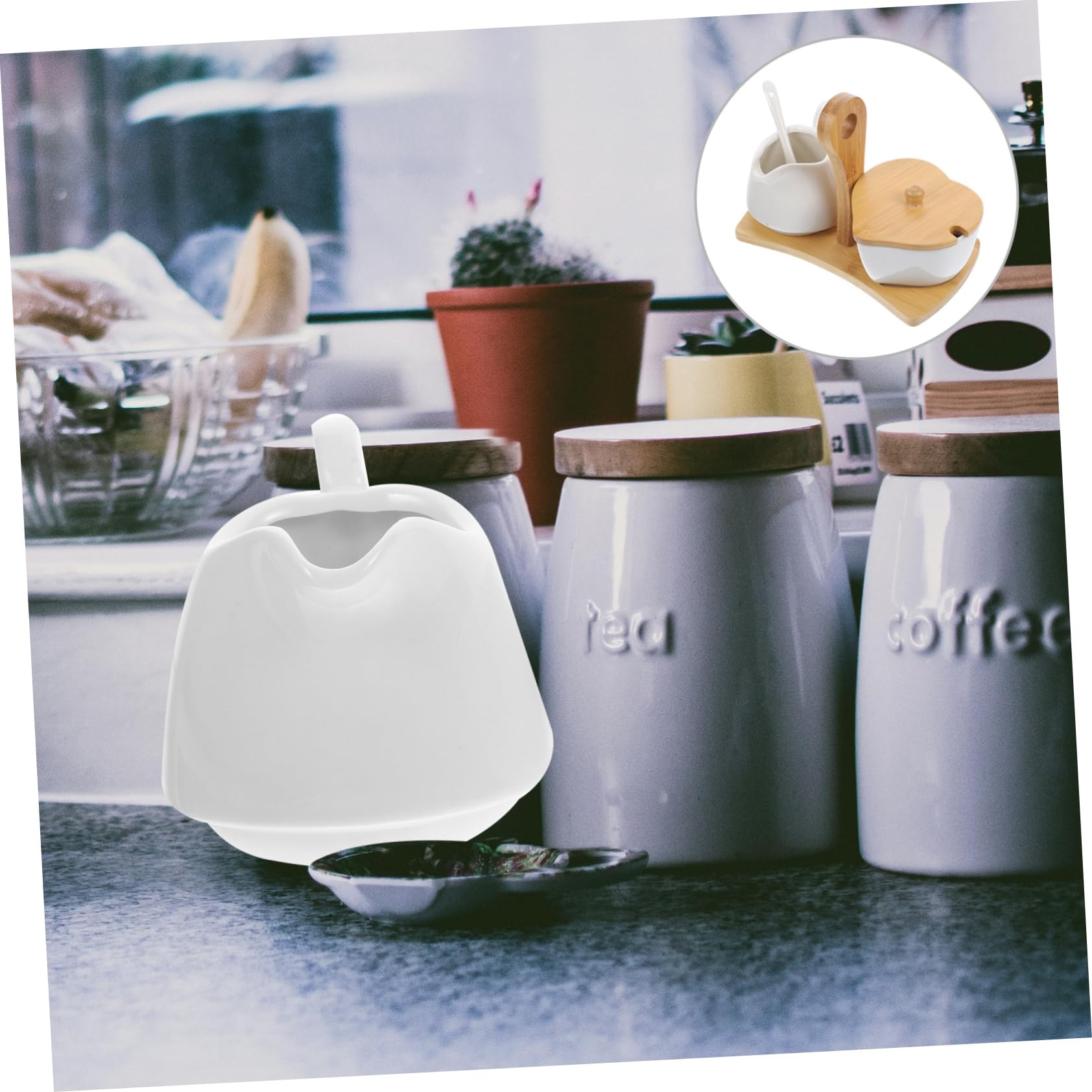 IMIKEYA Juego de Azucarero y Jarra de Crema de Cerámica Diseño Sencillo Blanco con Bandeja y Cuchara de Bambú para Hogar y Hotel