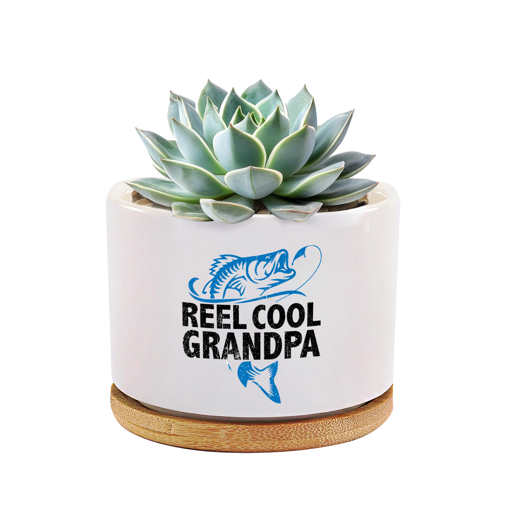 Pot de fleurs céramique grand-père pêcheur avec plateau bambou 8.9cm