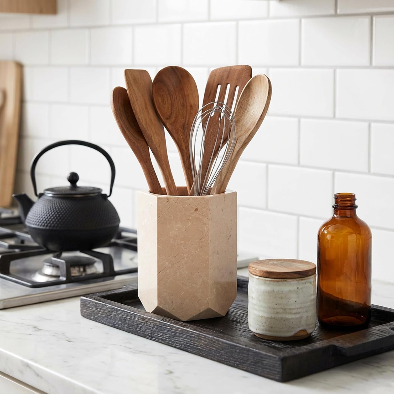 Radicaln Marble Utensil Holder 6.5" Inches Verona Handmade Spoon Holder for Kitchen Counter, Ideal Kitchen Utensils Set Organizer For Farmhouse Kitchens Decor, Cooking Utensil & Spatula Set