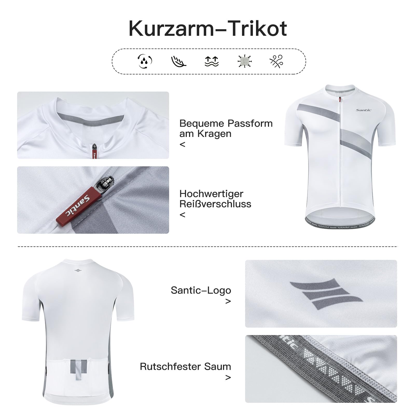 Santic Maillot de cyclisme à manches courtes pour homme - Respirant - Avec poches arrière - Pour cyclisme, course, VTT, été
