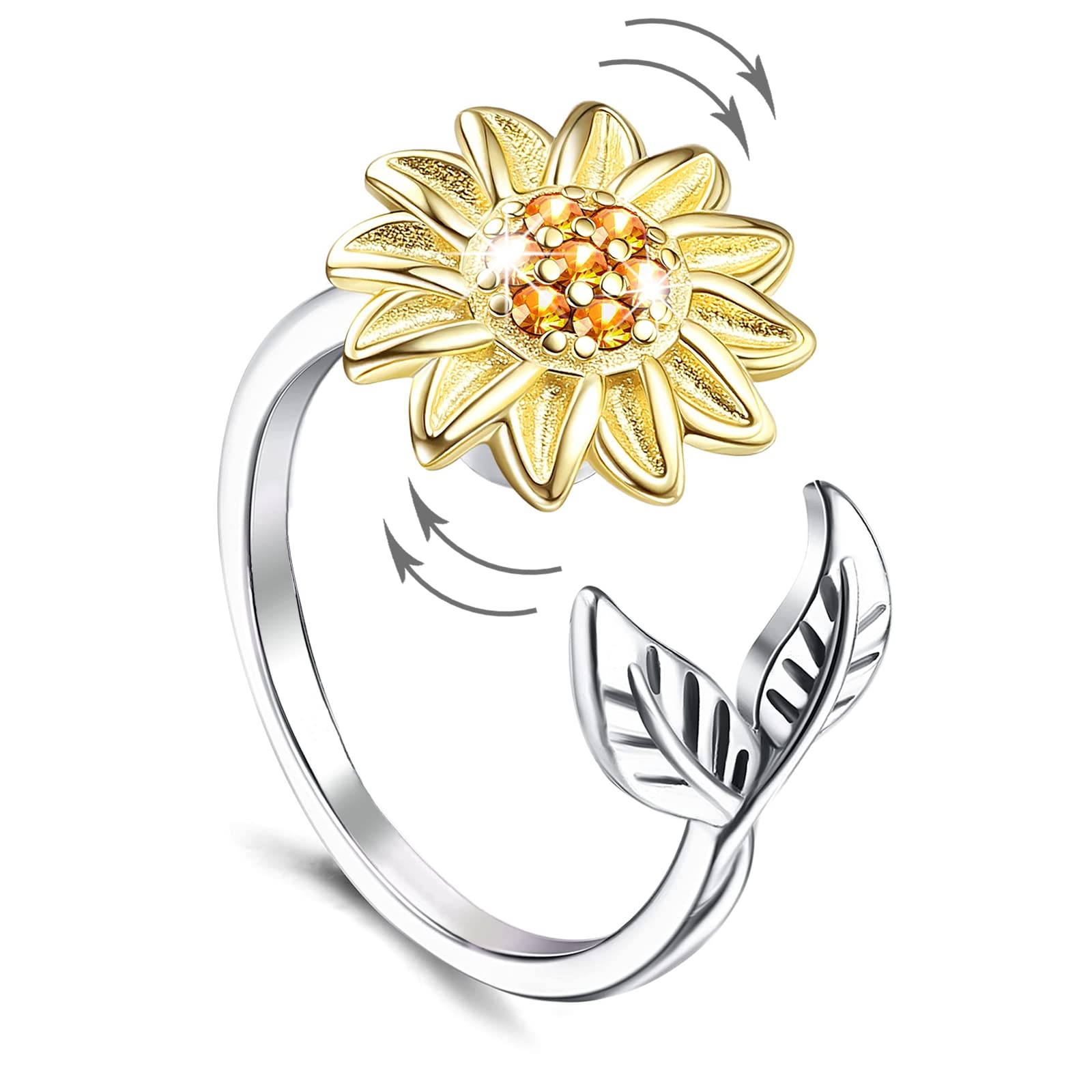Fidget Rings for Anxiety for Women Girl Ease Anxiety Sunflower Spinner Band Ring 5a Cubic Zirconia Adjustable Relieving Stress Fidget Anxiety Ring Gift for Women Girl Her Xmas Valentines Anniversary