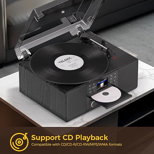 Miniatura 4 de Tocadiscos de vinilo Bluetooth con CD y radio por Internet, tocadiscos de 3 velocidades con grabación USB, salida AUXRCA, control remoto y tono,