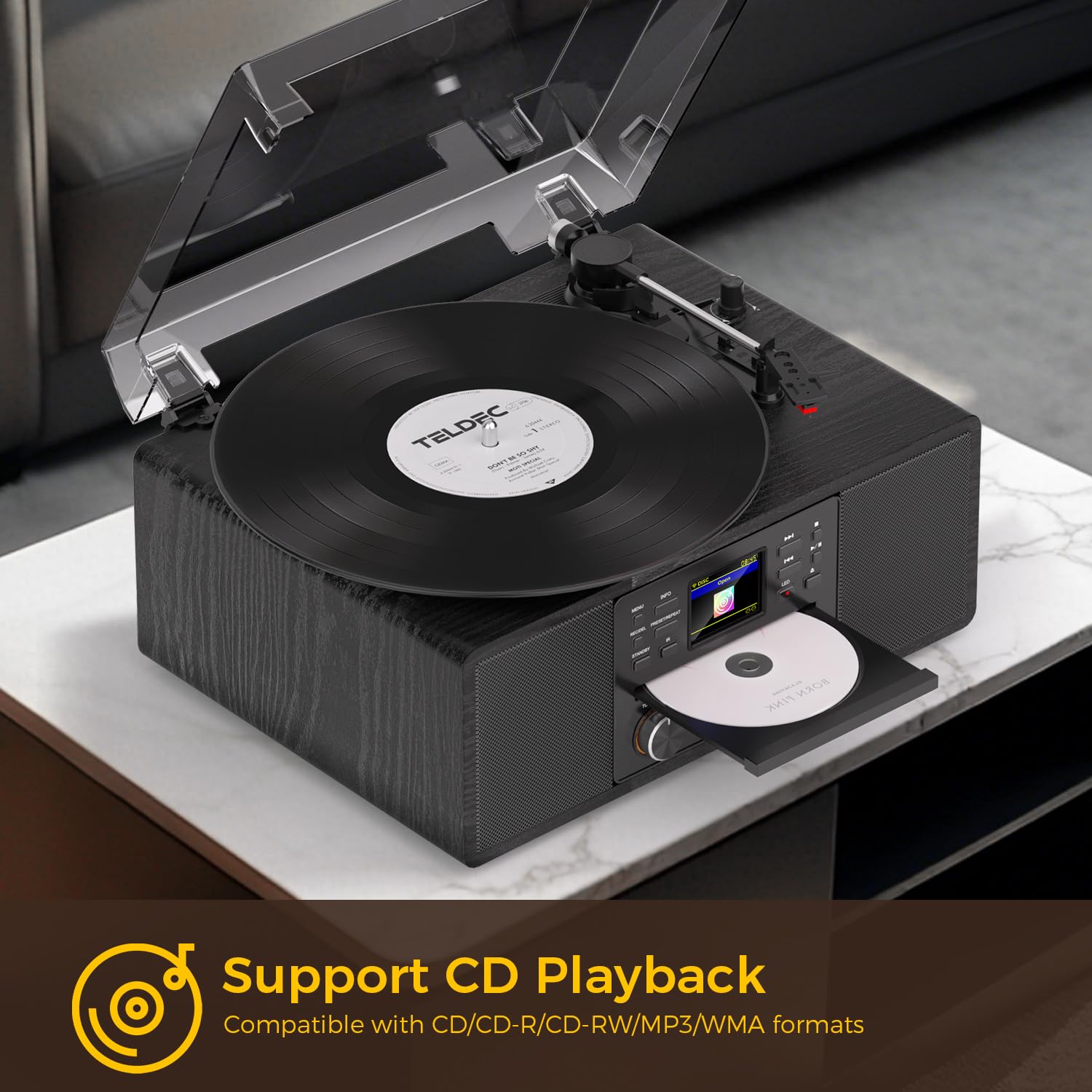 Giradischi Bluetooth in vinile con radio CD e Internet, giradischi con trasmissione a cinghia a 3 velocità con registrazione USB, uscita AUX/RCA, tono e telecomando, lettore in vinile nero vintage per