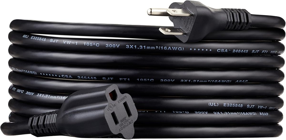 Amazon Basics Extension Cord, 15 Ft, 3 Prong Outlet Extender, Indoor Extension Cord, 13 Amps, 125V, Black