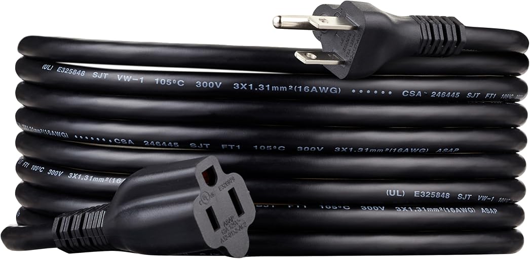 Amazon Basics Extension Cord, 15 Ft, 3-Prong Outlet Extender, Indoor, 13 Amps, 125V, Black