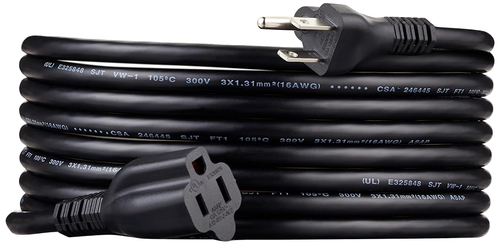 Amazon Basics Extension Cord, 15 Ft, 3-Prong Outlet Extender, Indoor, 13 Amps, 125V, Black