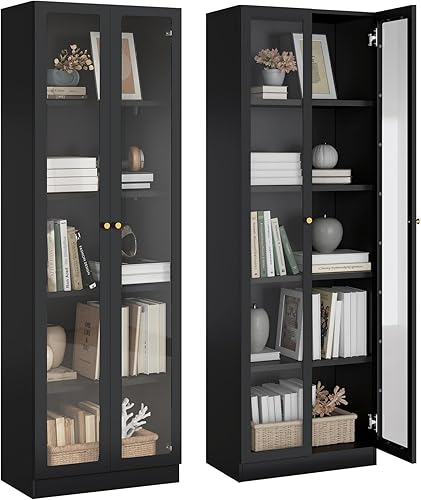 IRONMIX Gabinete de almacenamiento de metal con puertas, estantería frontal de vidrio de 5 niveles con estantes ajustables, estantería de 70