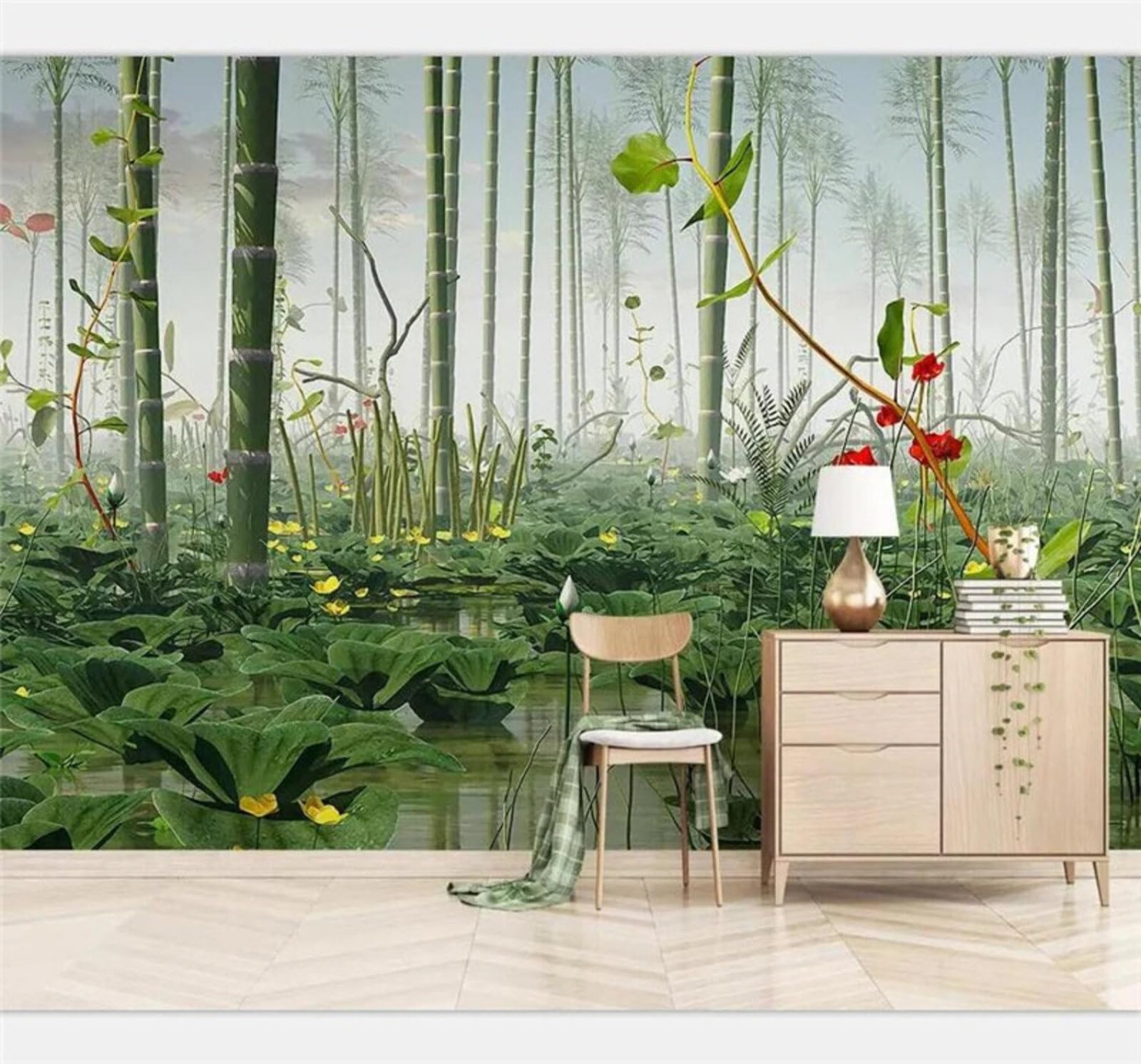 Wallpaper-3D-Xlm 350Cm×256Cm(B×H) Minimalism Fresh Green Bamboo Grove Flowers 3D Wallpaper Easy Install Feature Office Living Room Sofa Bedroom Tv Background Wall Decoration-350Cm×256Cm