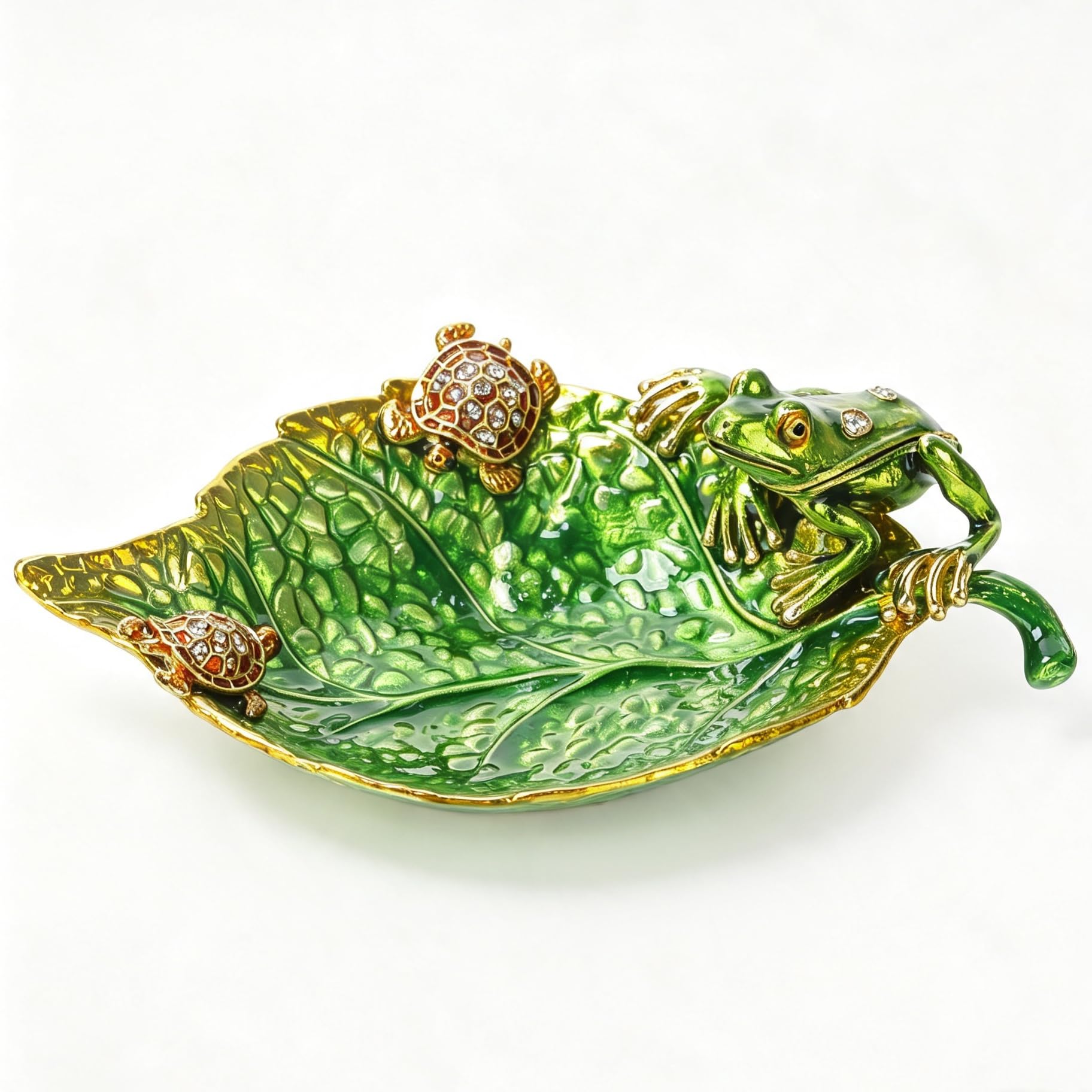 Handbemaltes Emaille-Schildkröten-Schmucktablett mit Frosch-Schildkröten-Blatt