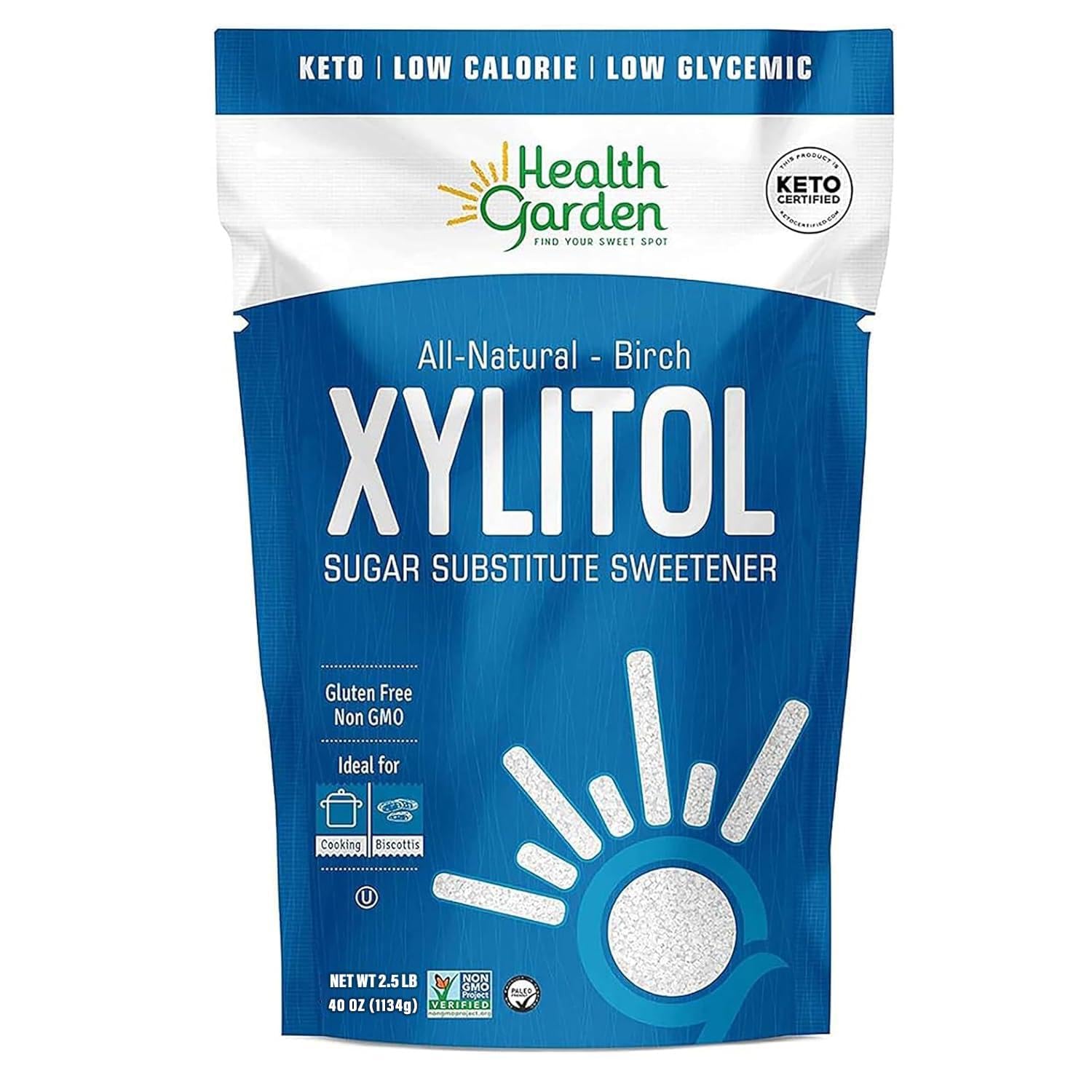 Health Garden Birch Xylitol Sweetener - 2.5 LB Resealable Bag - Pure Birch Xylitol - Non GMO, Kosher, and Made in the U.S.A. - Ideal Powdered Sugar Substitute - Non-GMO Sugar Alternative