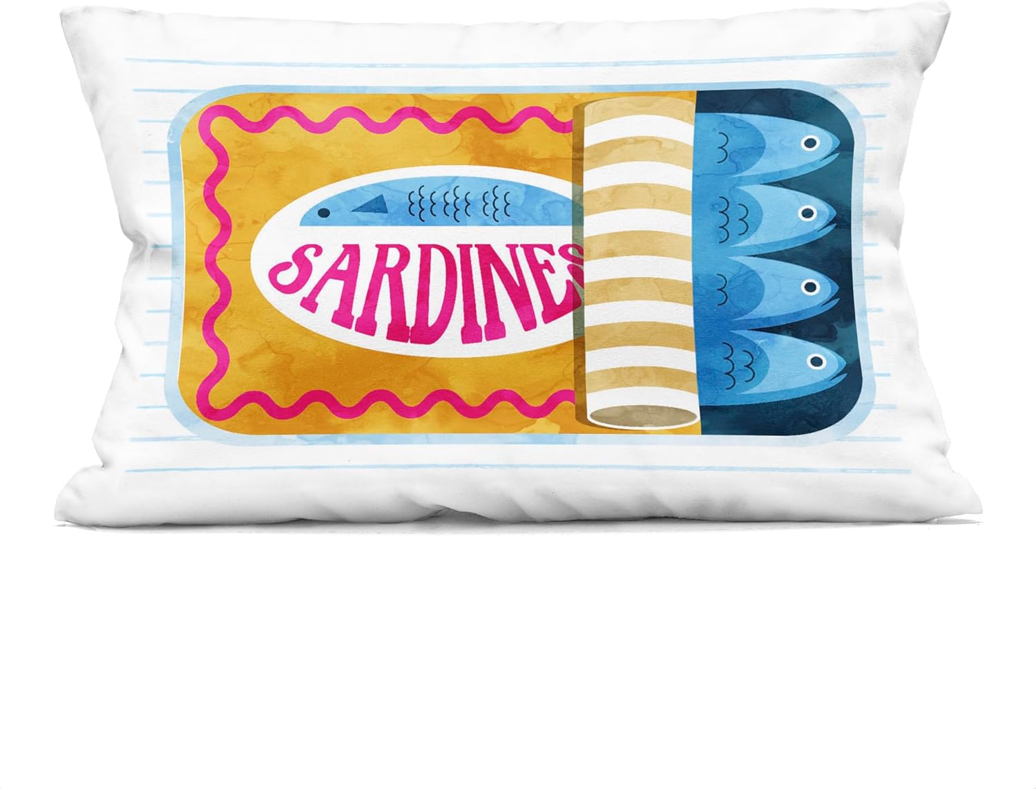 Stupell Industries - Yellow Sardine Tin Over Stripes Outdoor Pillow, 14 x 20 - Made in USA - By Daphne Polselli