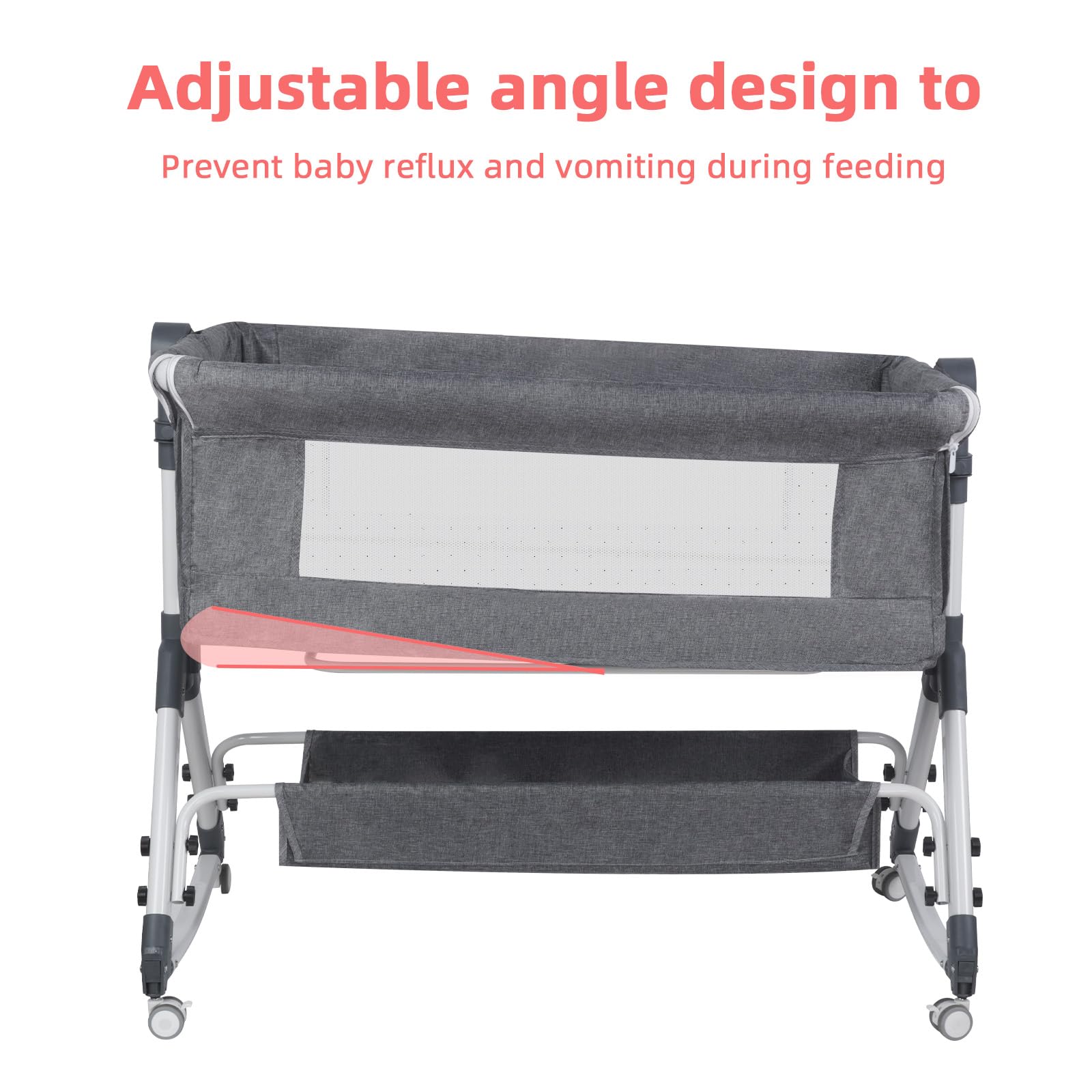 Lit Bébé Cododo Berceau avec Matelas, Mode Bascule pour Bercer, Côté Repliable, Hauteur Réglable, Fenêtres en Filet, 4 Roues, 0-24 Mois (Gris Clair)