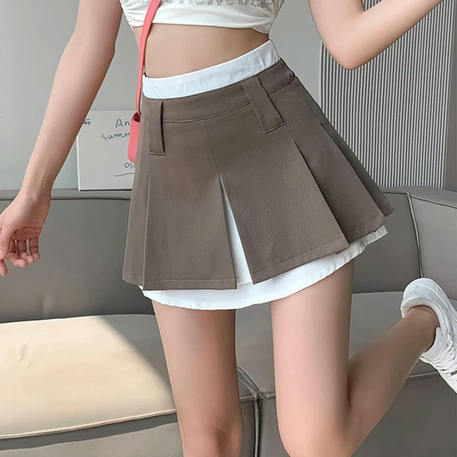 Jupes Femme Femmes Courtes en Ligne A-Line Patchwork Summer Pleouted Shorts Women Women Casual School Short Femme Gray Mini Jupe