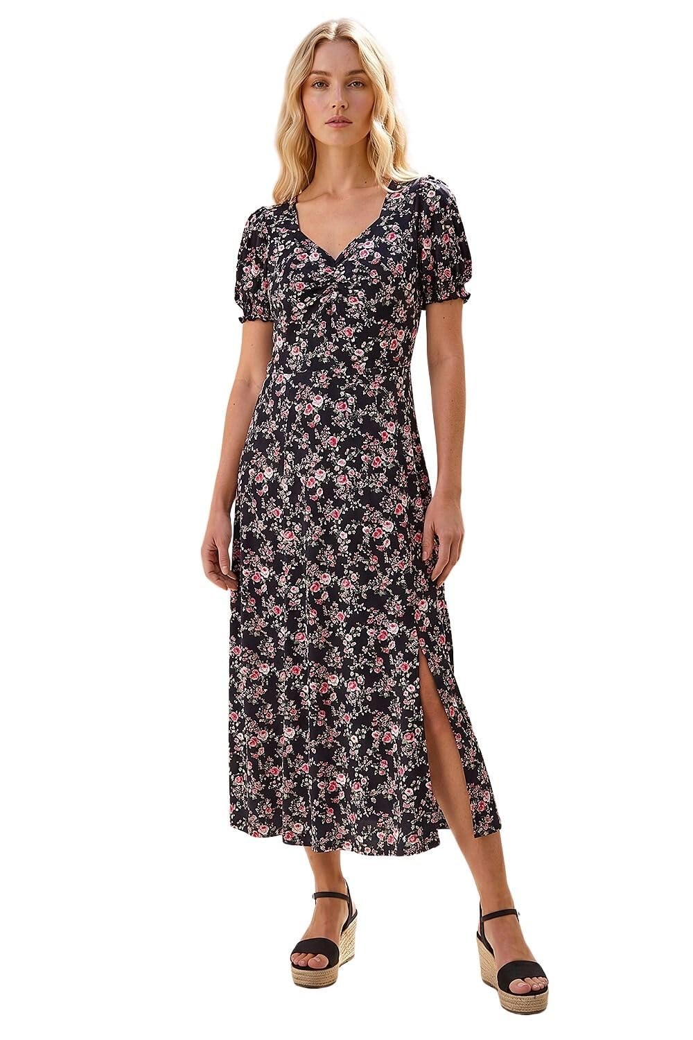Roman Women's Black Rose Print Ruched Midi Dress In | Size: 12