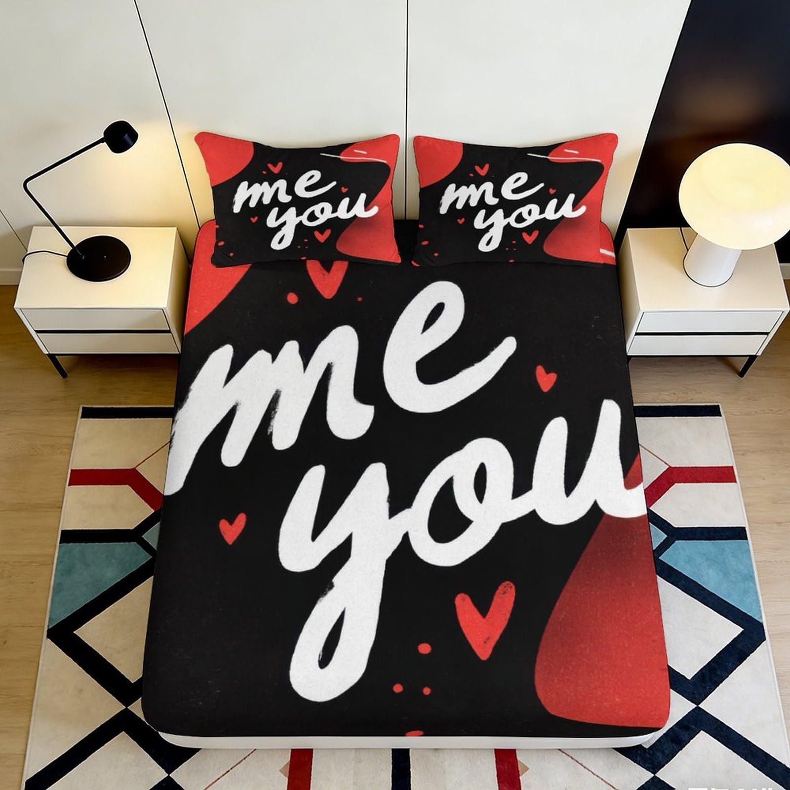 3D Printed Love Heart Fitted Sheet Microfiber Soft Breathable Romantic Letter Bed Cover for Bedroom Decor 90x200x25cm