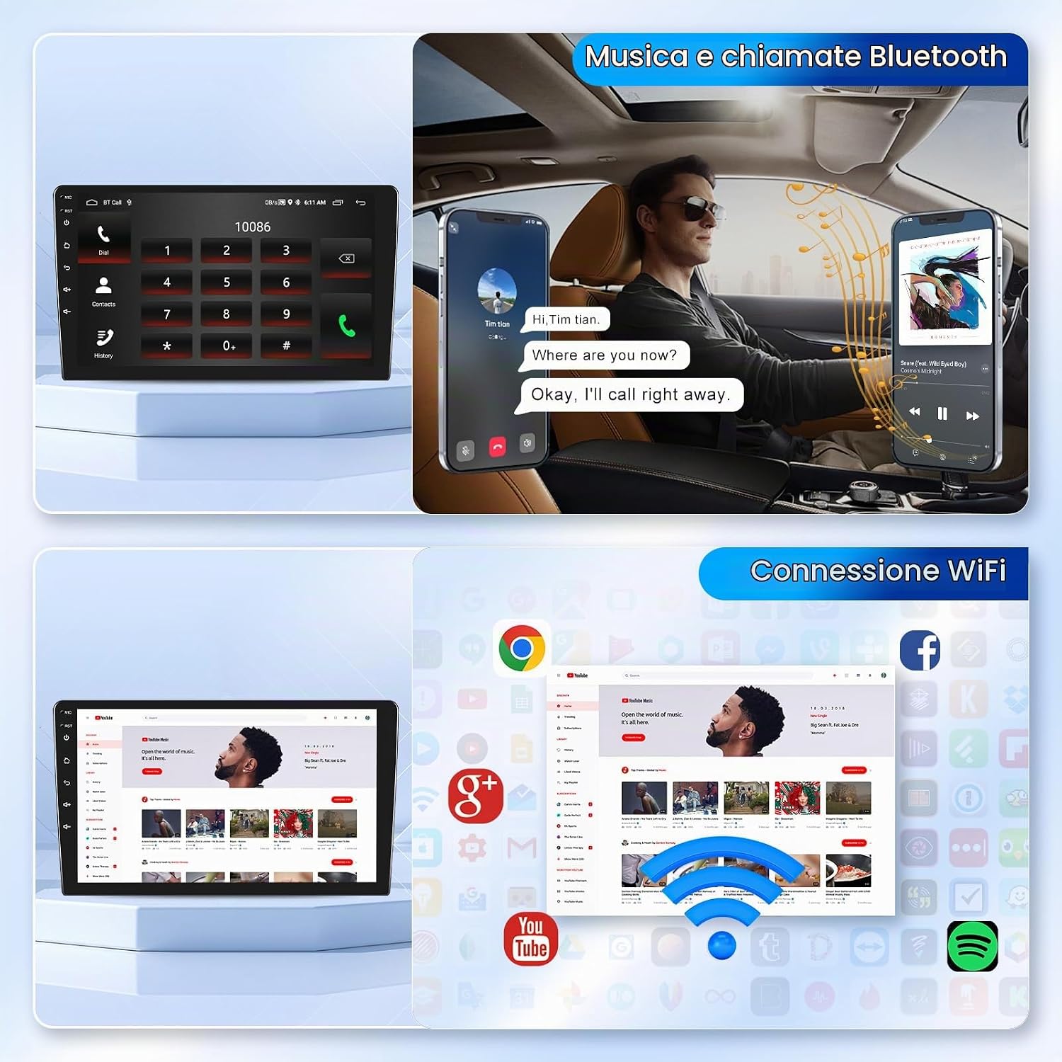 Image depicting Bluetooth music streaming and hands-free phone calls on the Podofo autoradio, with a driver using the system.