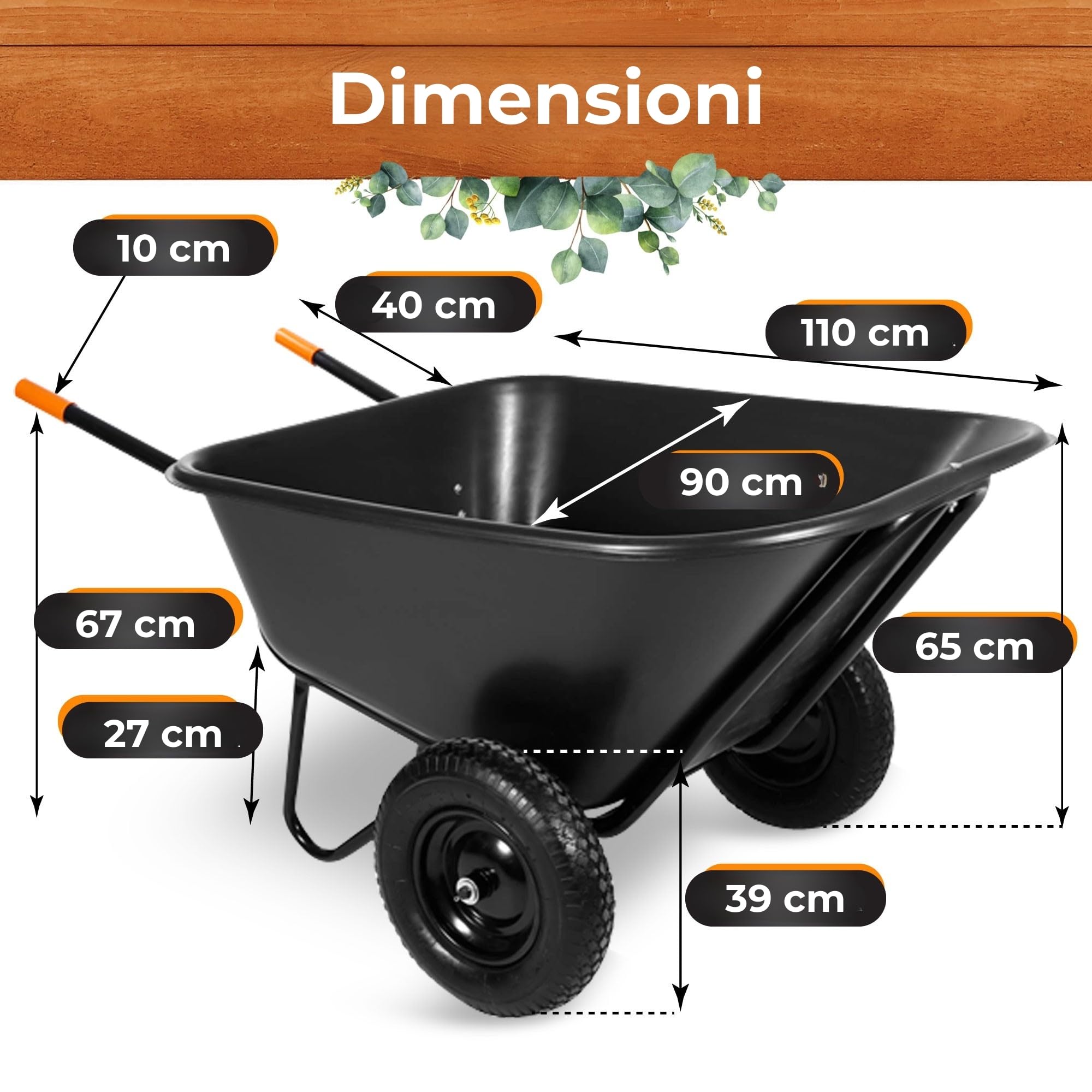 SPRINGOS - Carriola da giardino 300 litri a due ruote, capacità 160 kg, ruote pneumatiche, vasca in plastica, facile montaggio, per lavori di giardinaggio e costruzione
