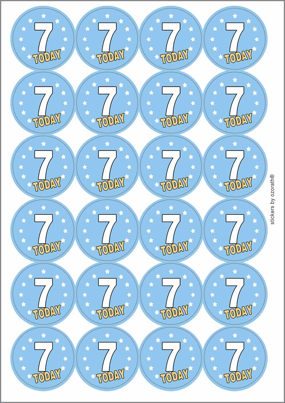 7 Seven Seventh 7th Birthday Today Circular Matt Paper Stickers A4 Sheet of 24 (Each Sticker is 45mm Diameter)