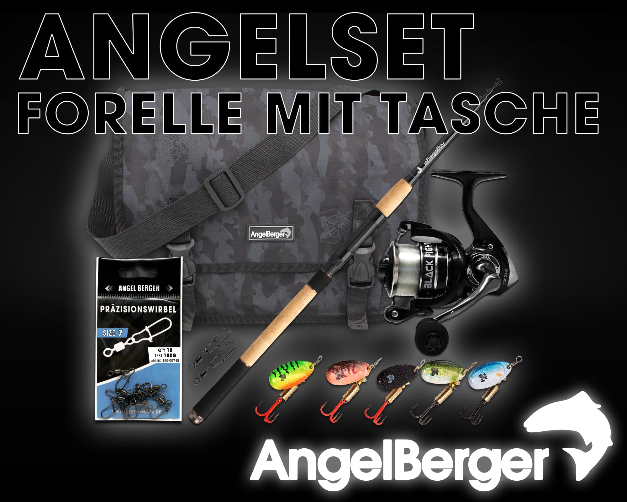 Angel-Berger Tele Angelset Forelle mit Tasche und Zubehör Trout Fishing Set Angelrute Angelrolle Forellenköder