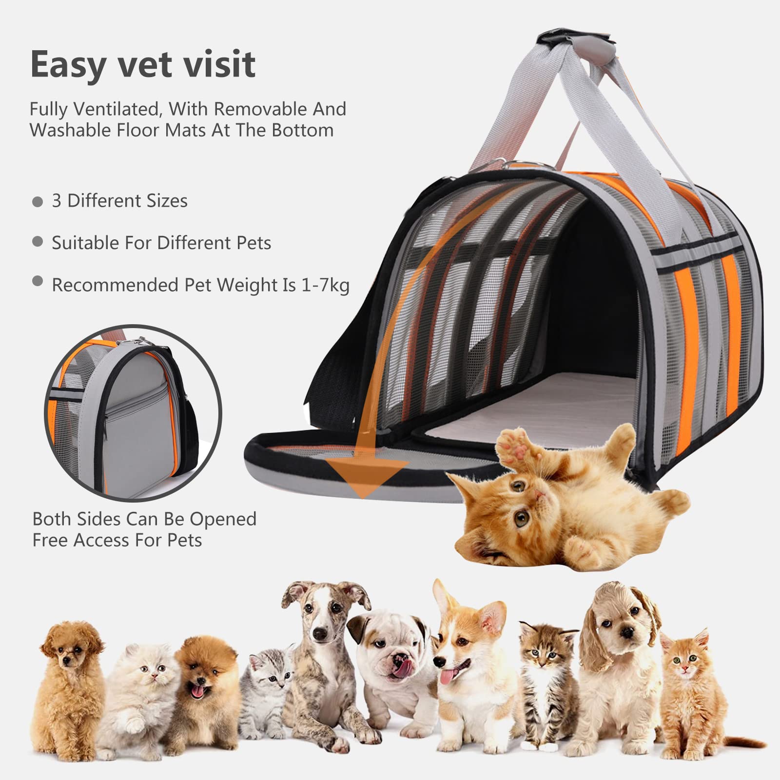 PETCUTE Transportín Gato Perro Transpirable,Bolsa de Transporte Plegable para Mascota con Colchón Suave y Hebilla de Seguridad,Transportín para Gatos con Bolsillos para Coche, Avión,Viaje