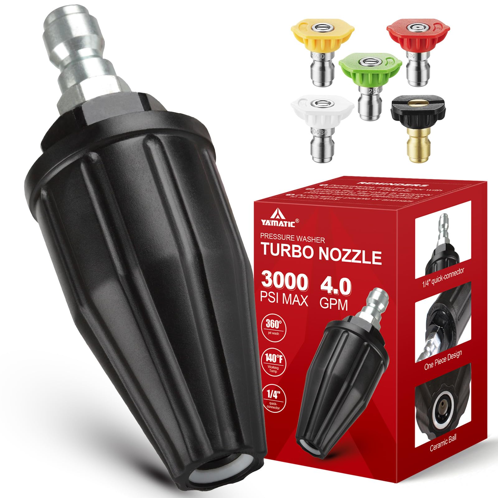 YAMATIC Rotating Turbo Nozzle for Pressure Washer, 3000 PSI, 1.2-3.0 GPM