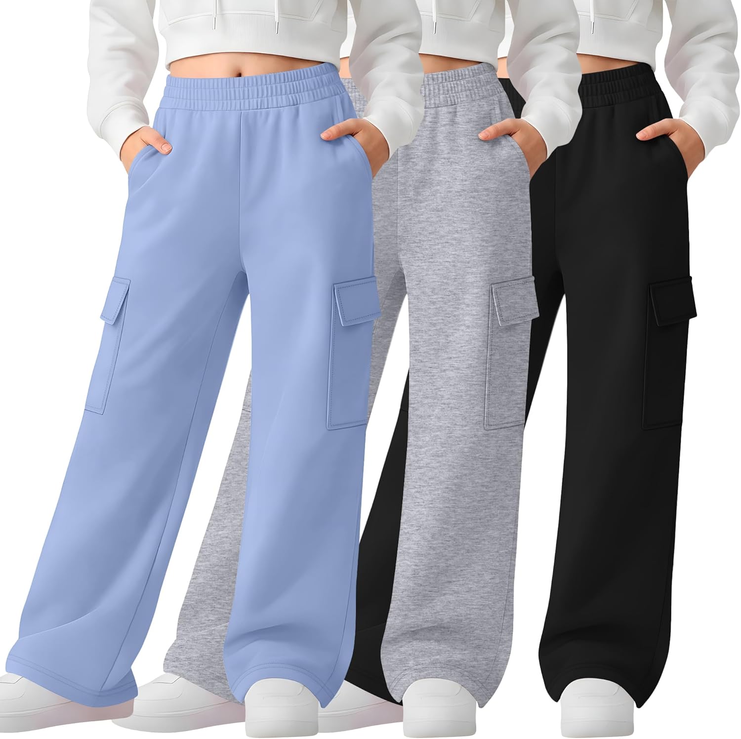 3 Pack Girl's Wide Leg Sweatpants Cargo Pants Lightweight Baggy High Waisted Joggers Teen Girl Pants with Pockets