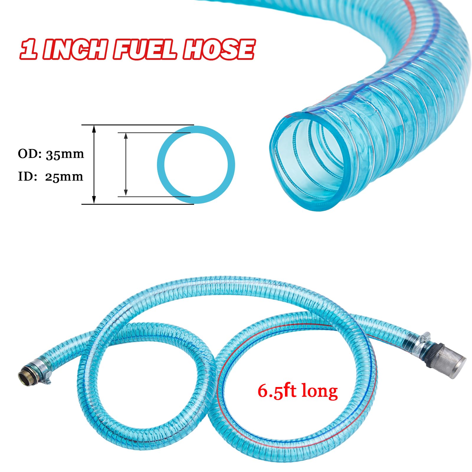Manguera de succión de 1 pulgada, manguera de transferencia de combustible para bomba de transferencia de aceite/diesel/queroseno/gasolina, 6.5 pies de largo con acoplamientos roscados de 3/4 y 1