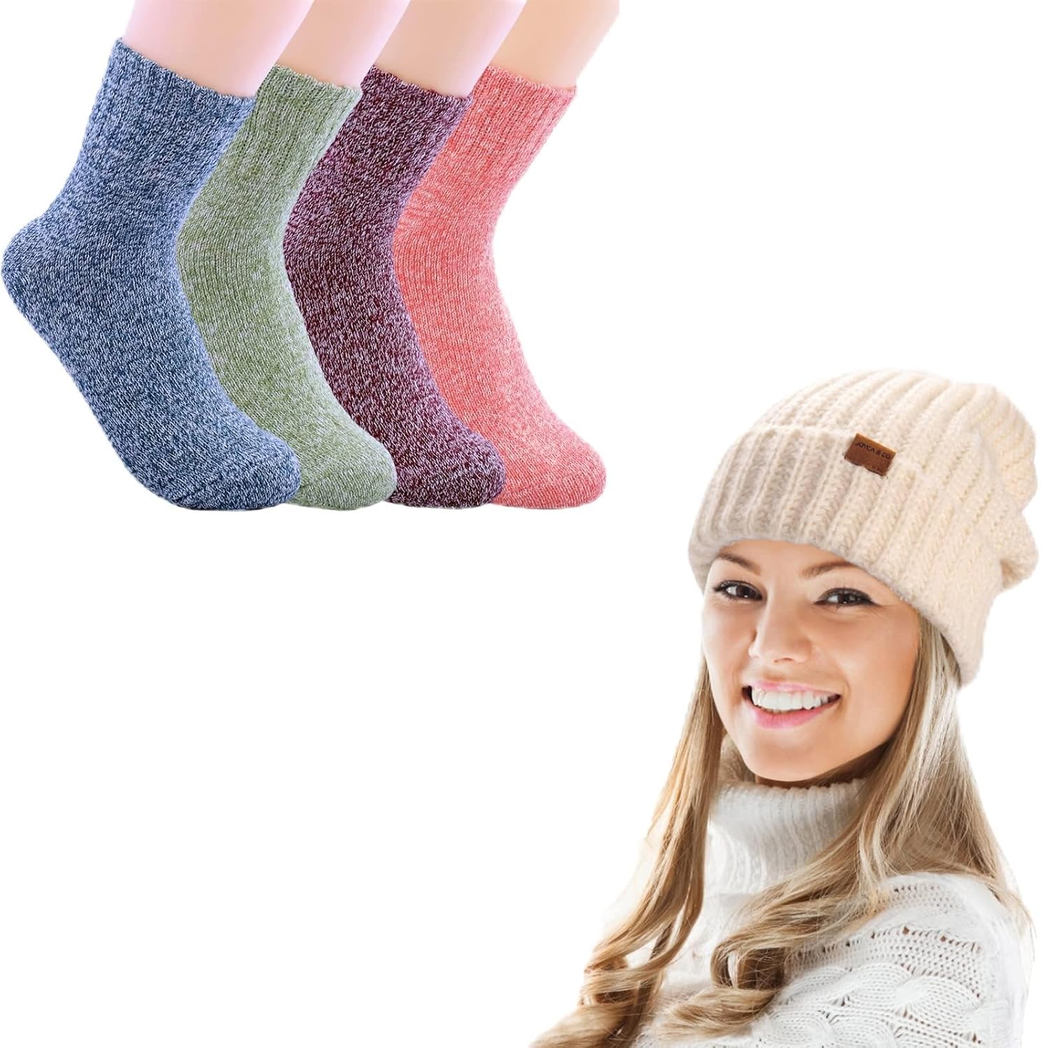 JOYCA & CO. Womens Winter Warm Wool Socks and Slouchy Fall Beanie Hat Bundle