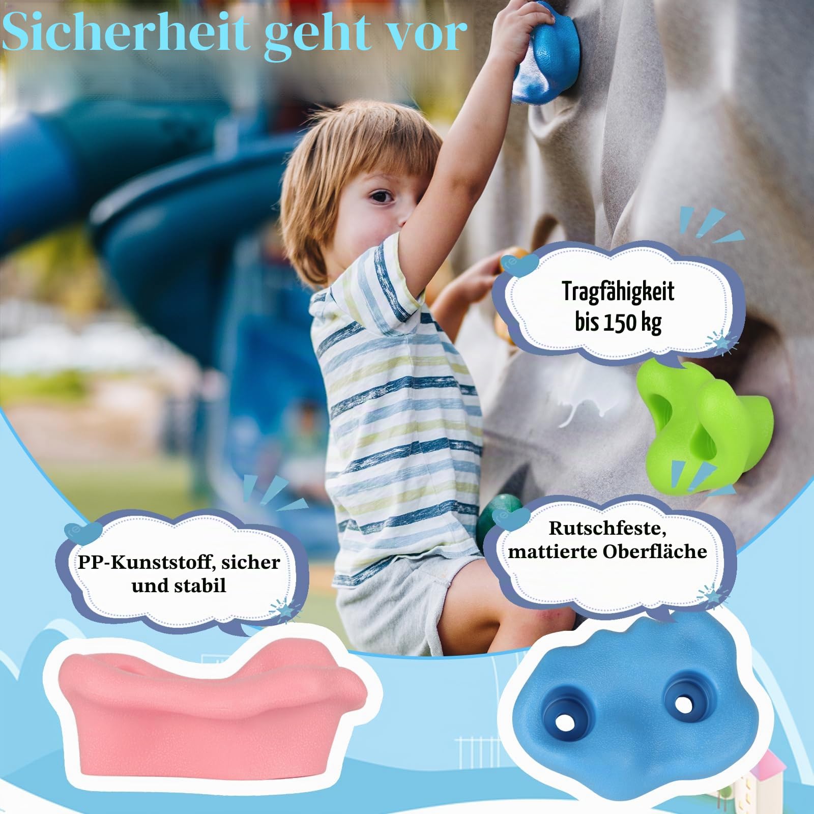 20 Stück Klettergriffe Kinder Outdoor - Klettersteine | Kletterwand Griffe Für Spielturm, mit 2 Griffen und 270 cm Kletterseil, Rock Wall Climbing Holds Steine helle Kletterfarbe