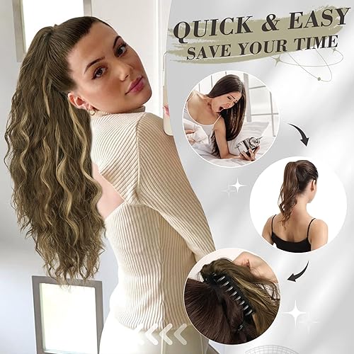 Miniatura 5 de BARSDAR Extensión de cola de caballo con reflejos, extensiones de cola de caballo de 18 pulgadas con clip de garra para mujer, rizadas, onduladas,