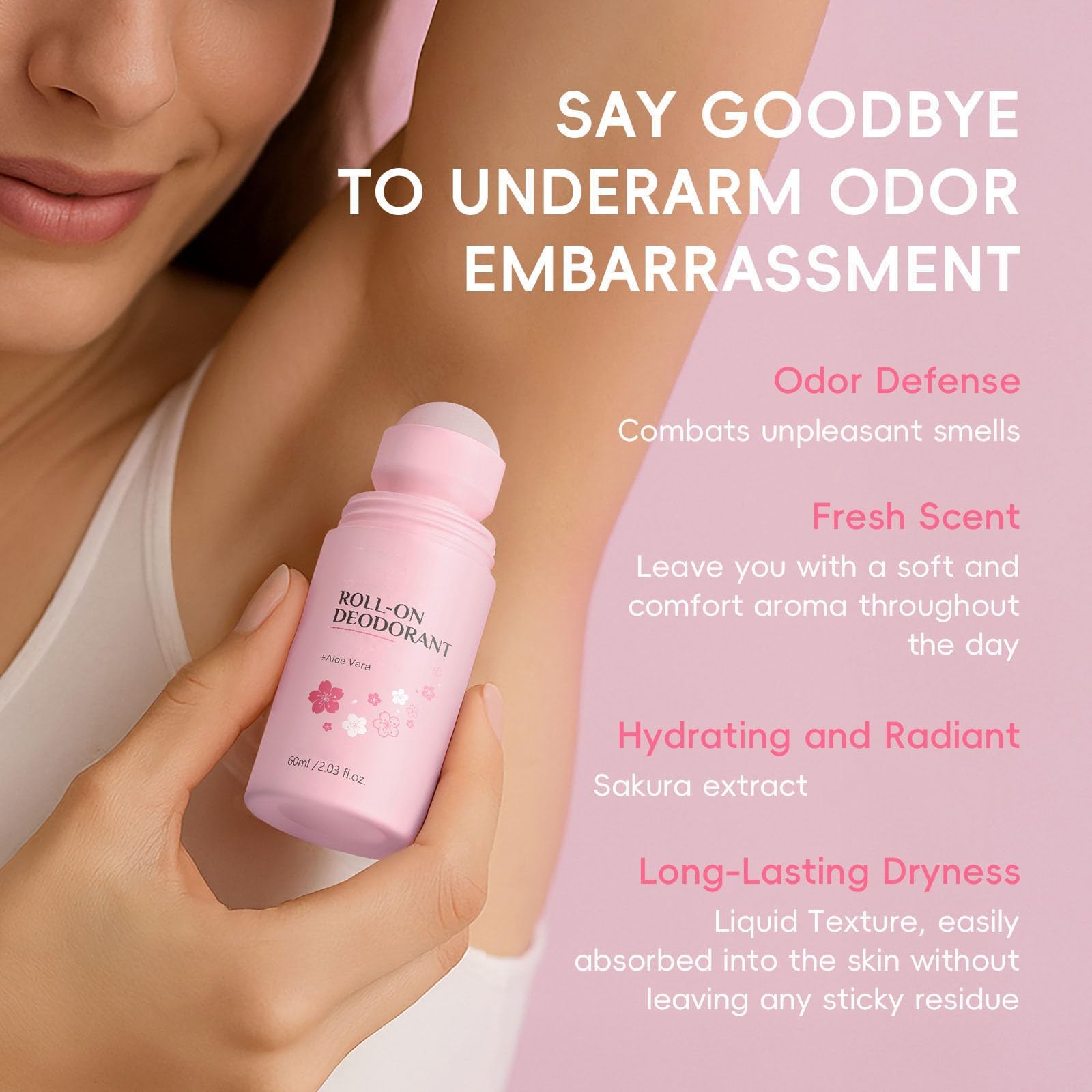 Roll-On Deodorant for Women & Men, Kirschblüten Duft, 60ml, sanfte Formel mit Aloe Vera, nicht klebend, langanhaltender Frischeduft, für Achseln & Körper，3pc