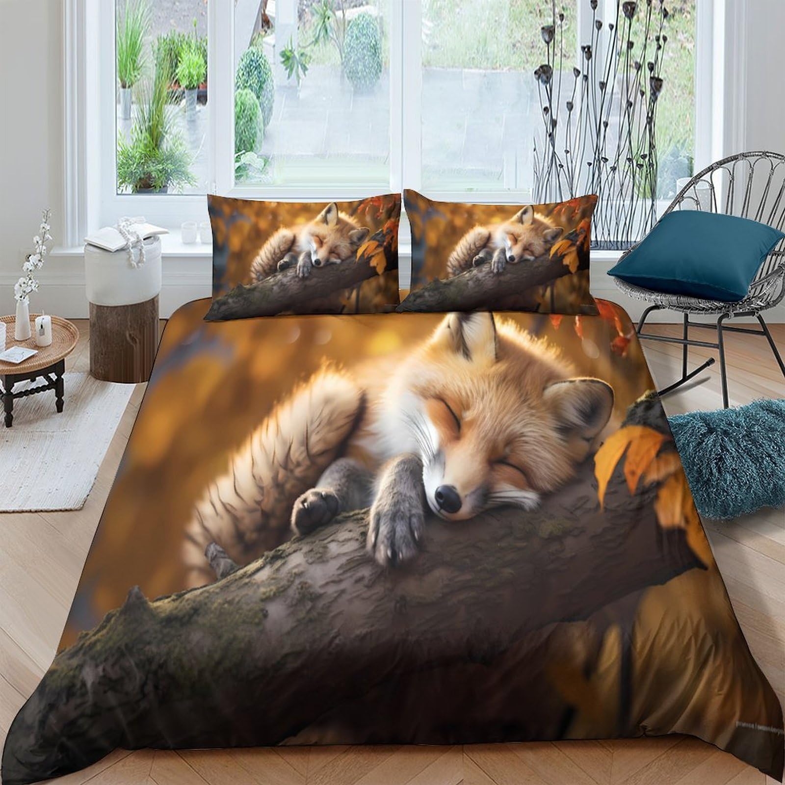 Ctjqhvkz Style-5 3D Printed Sleeping Fox Fitted Sheet Microfiber Autumn Forest Bed Cover For Bedroom Guest Room Decor Protection Single（135X200cm）