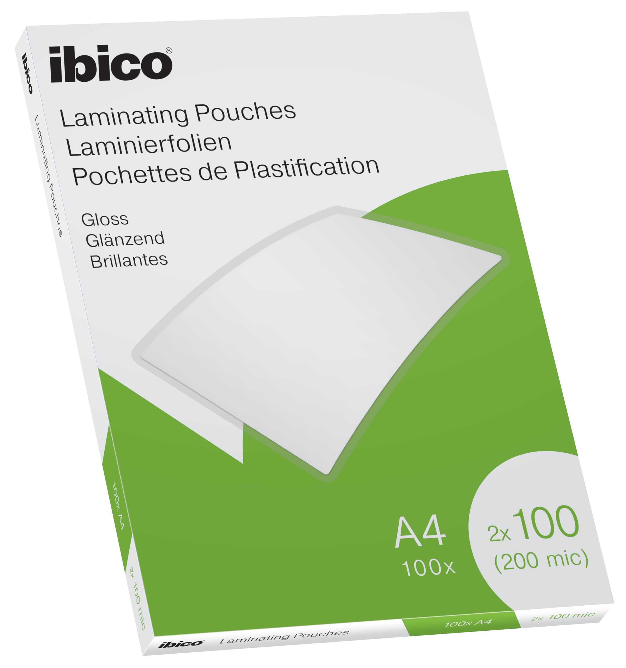 Ibico Laminierfolien A4, 200 Mikron Gesamtstärke (2 × 100 µm), 100 Stück, Glänzend, Abgerundete Ecken, Transparent