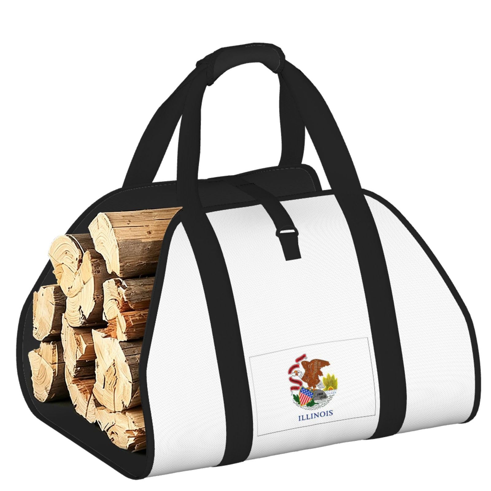 Ayyqwe Black Illinois State Flag Print Firewood Bag Wood Waterproof Versatile Camping Picnic Storage Daily Home